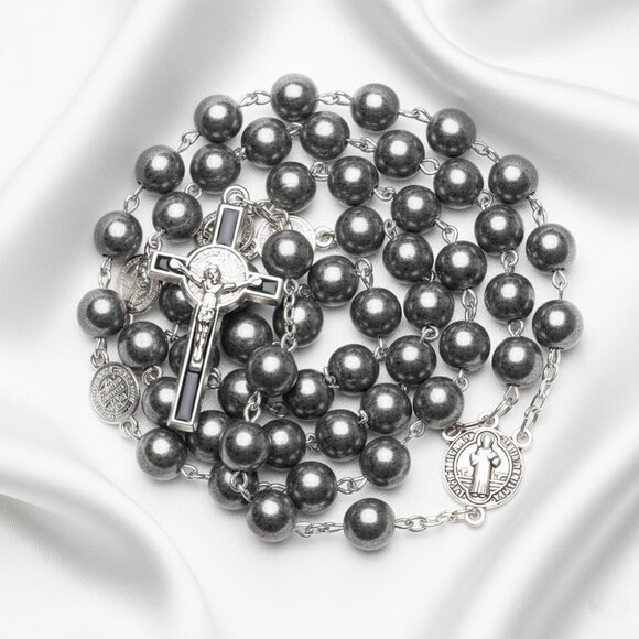 Hematite Beaded Catholic Rosary Prayer Crucifix Silver Tone Gothic Necklace NWOT - Picture 9 of 10